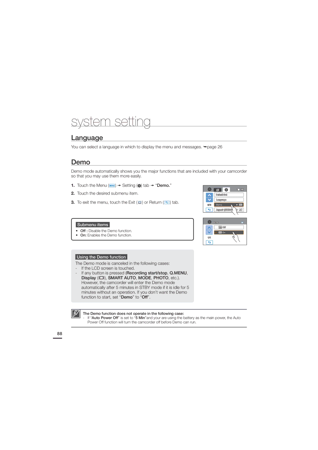 Samsung HMX-H205RN, HMX-H220SN, HMX-H220RN, HMX-H220LN, HMX-H220BN, HMX-H205SN user manual Language, Using the Demo function 