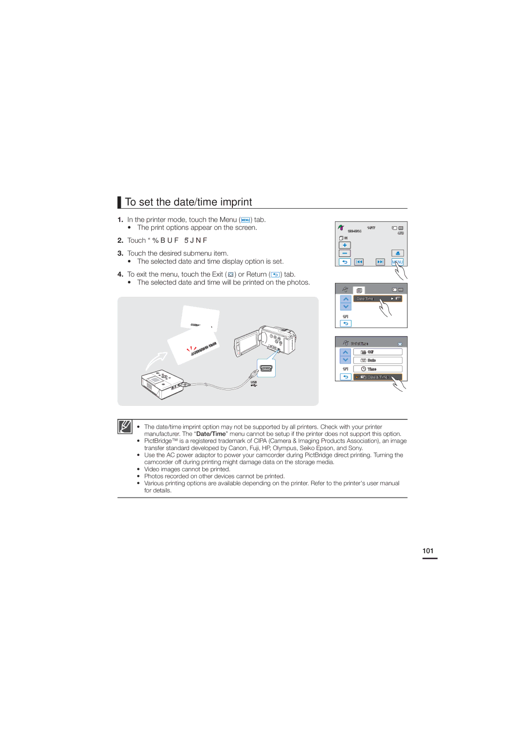 Samsung HMX-H200BN, HMX-H220SN To set the date/time imprint, Touch %BUF5JNF Touch the desired submenu item, 101 