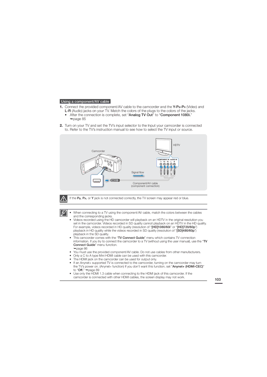 Samsung HMX-H220RN, HMX-H220SN, HMX-H220LN, HMX-H220BN, HMX-H205SN, HMX-H205RN, HMX-H205LN Using a component/AV cable, 103 