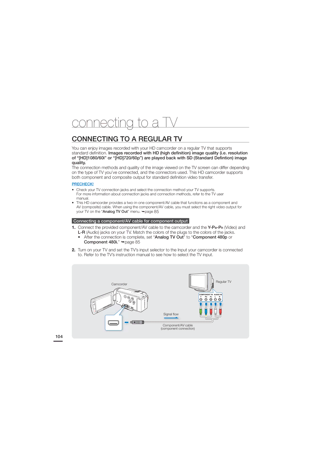 Samsung HMX-H220LN, HMX-H220SN Connecting to a Regular TV, Connecting a component/AV cable for component output, 104 