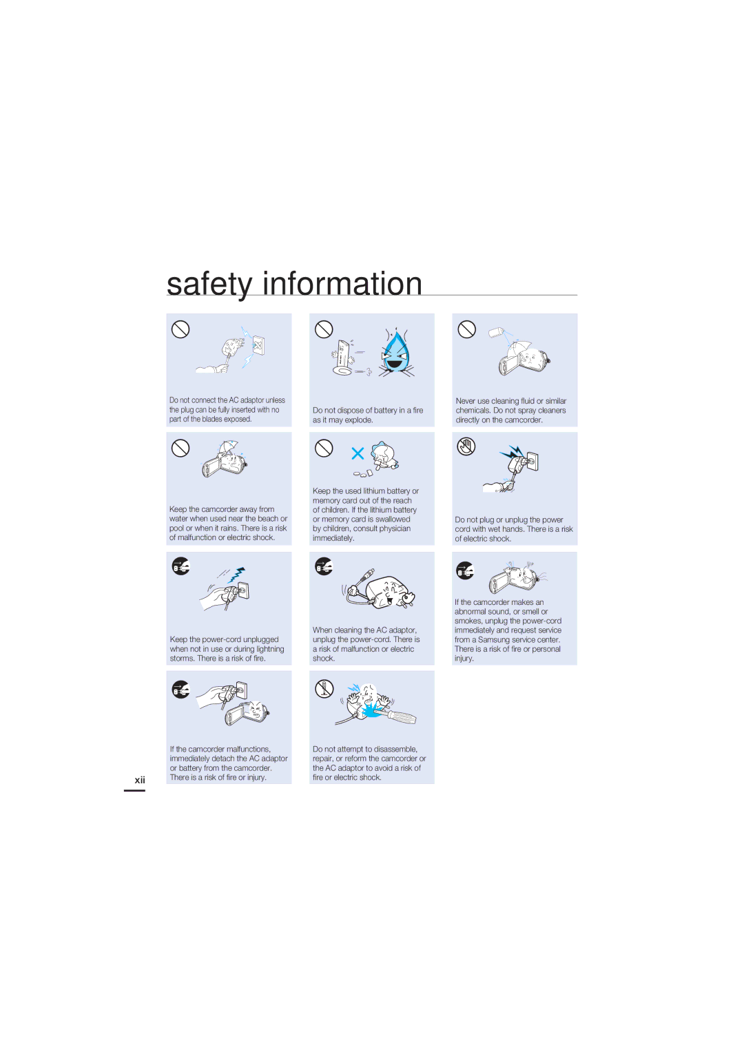 Samsung HMX-H203SN, HMX-H220SN, HMX-H220RN, HMX-H220LN, HMX-H220BN, HMX-H205SN, HMX-H205RN, HMX-H205LN Safety information 