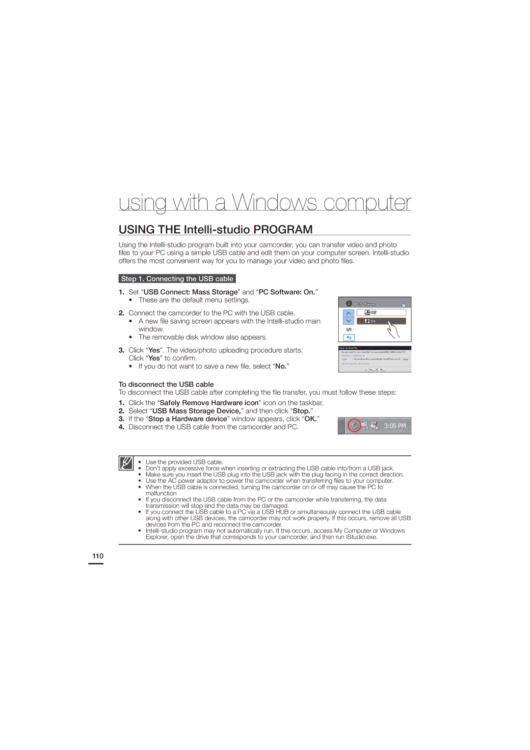 Samsung HMX-H204BN, HMX-H220SN Using the Intelli-studio Program, Connect the camcorder to the PC with the USB cable, 110 
