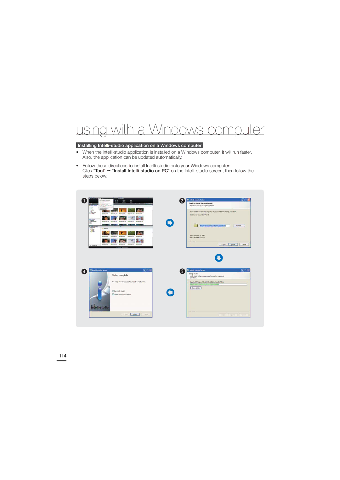 Samsung HMX-H203SN, HMX-H220SN, HMX-H220RN, HMX-H220LN user manual Installing Intelli-studio application on a Windows computer 