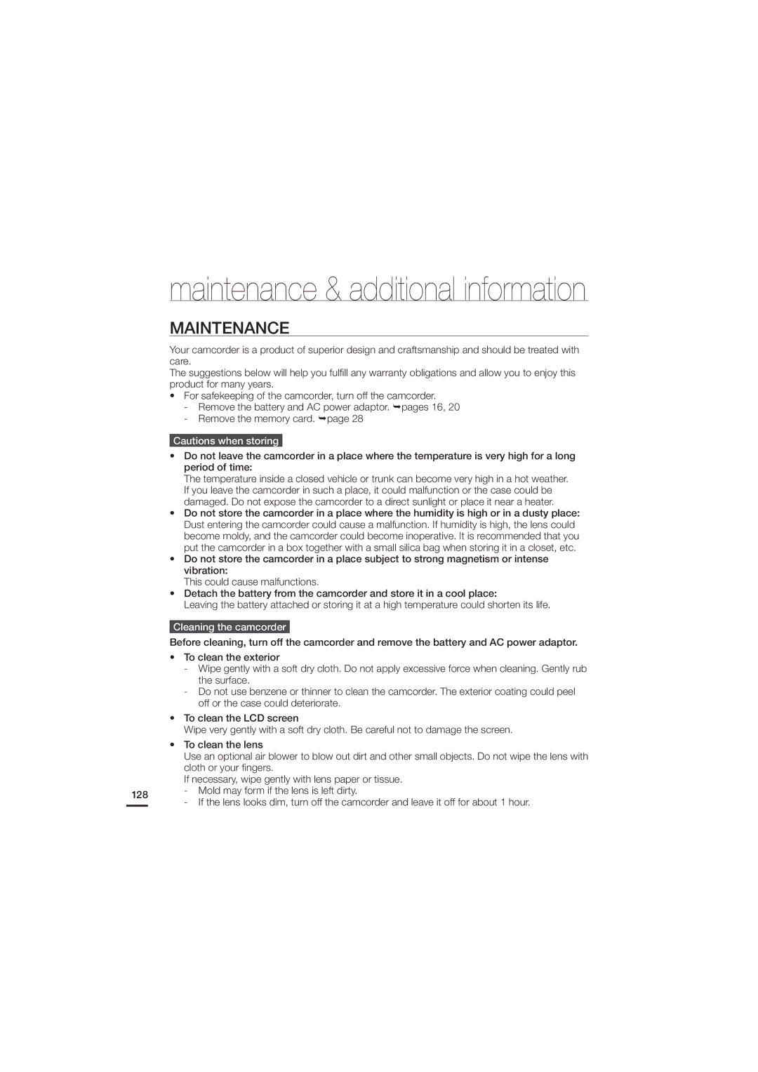 Samsung HMX-H204RN, HMX-H220SN, HMX-H220RN, HMX-H220LN, HMX-H220BN, HMX-H205SN, HMX-H205RN Maintenance, Cleaning the camcorder 