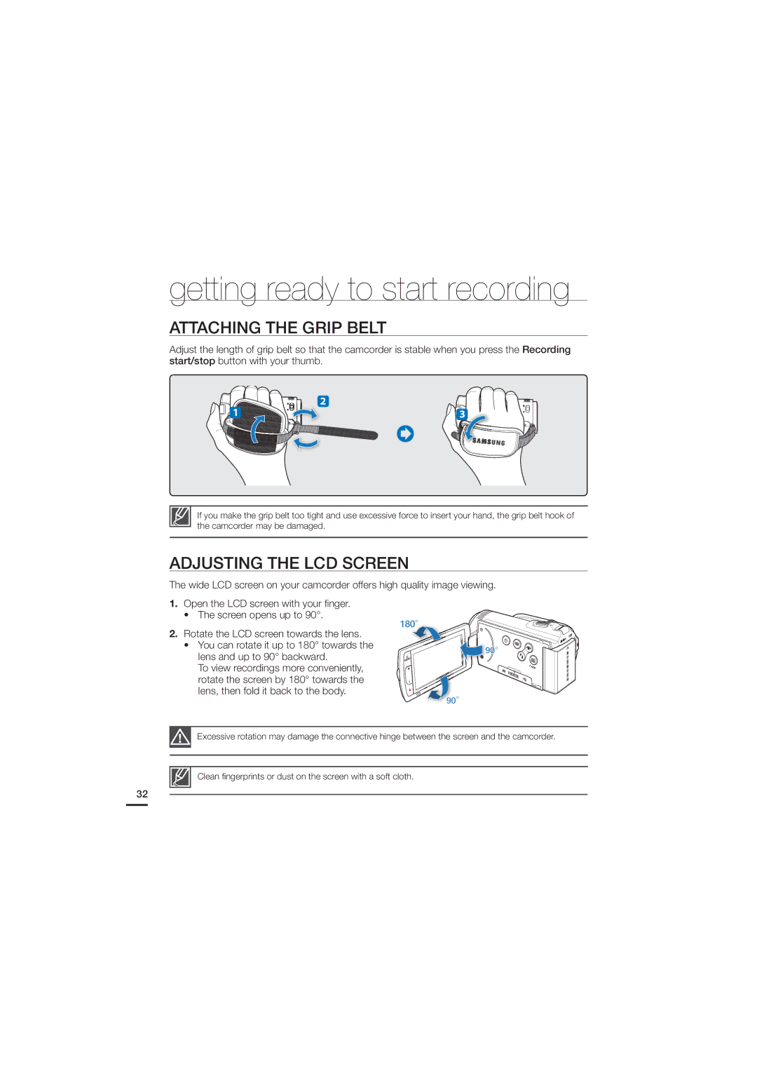 Samsung HMX-H205LN, HMX-H220SN, HMX-H220RN, HMX-H220LN, HMX-H220BN Attaching the Grip Belt, Adjusting the LCD Screen 