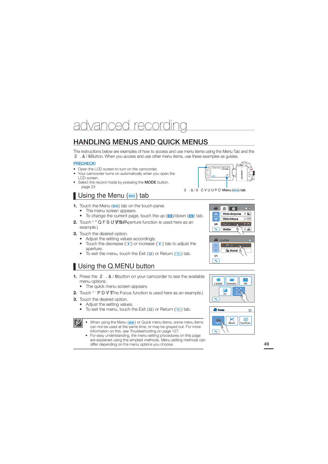 Samsung HMX-H205SN Advanced recording, Handling Menus and Quick Menus, Using the Menu tab, Using the Q.MENU button 