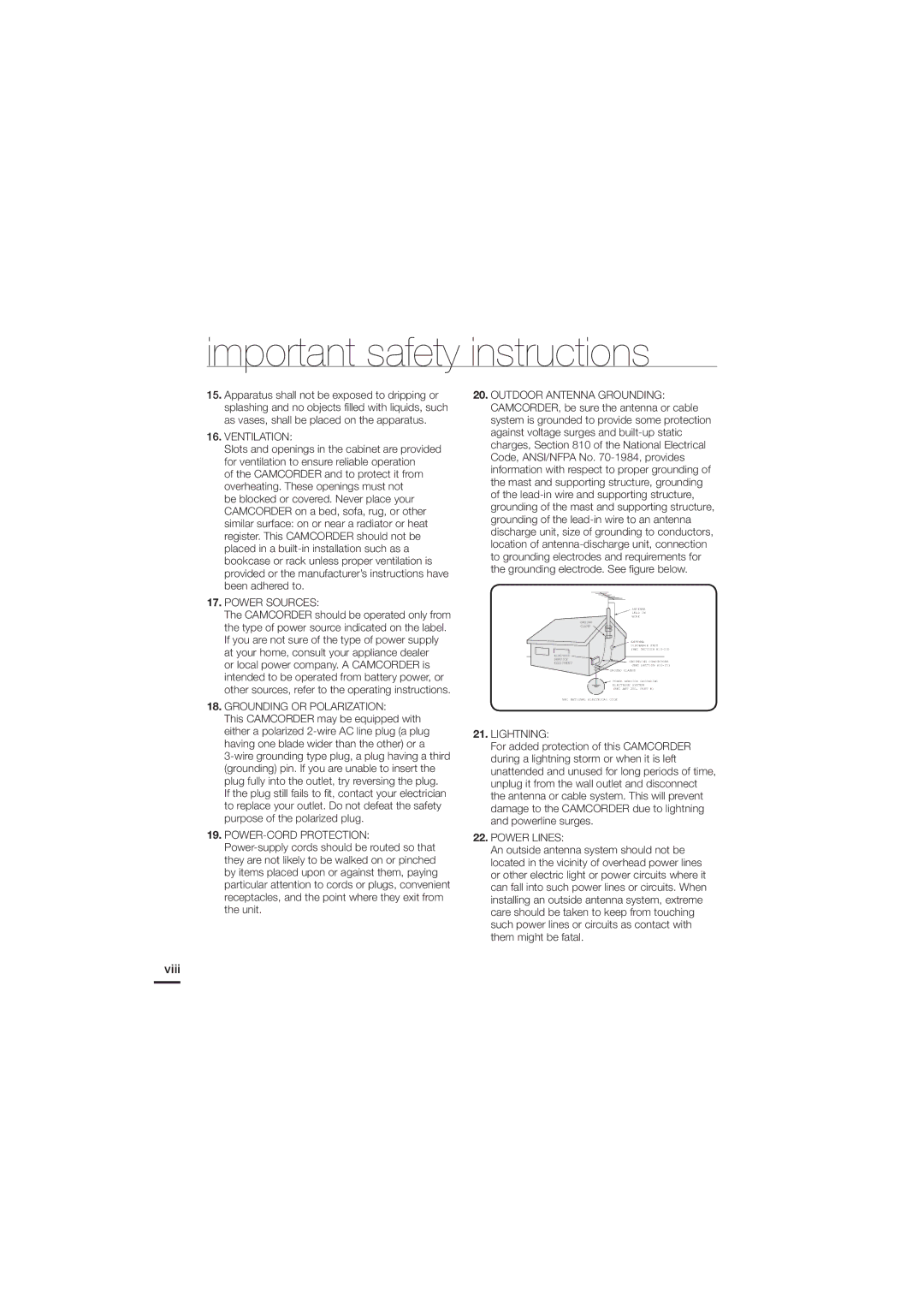 Samsung HMX-H204BN, HMX-H220SN, HMX-H220RN, HMX-H220LN, HMX-H220BN, HMX-H205SN, HMX-H205RN, HMX-H205LN, HMX-H204RN user manual Viii 