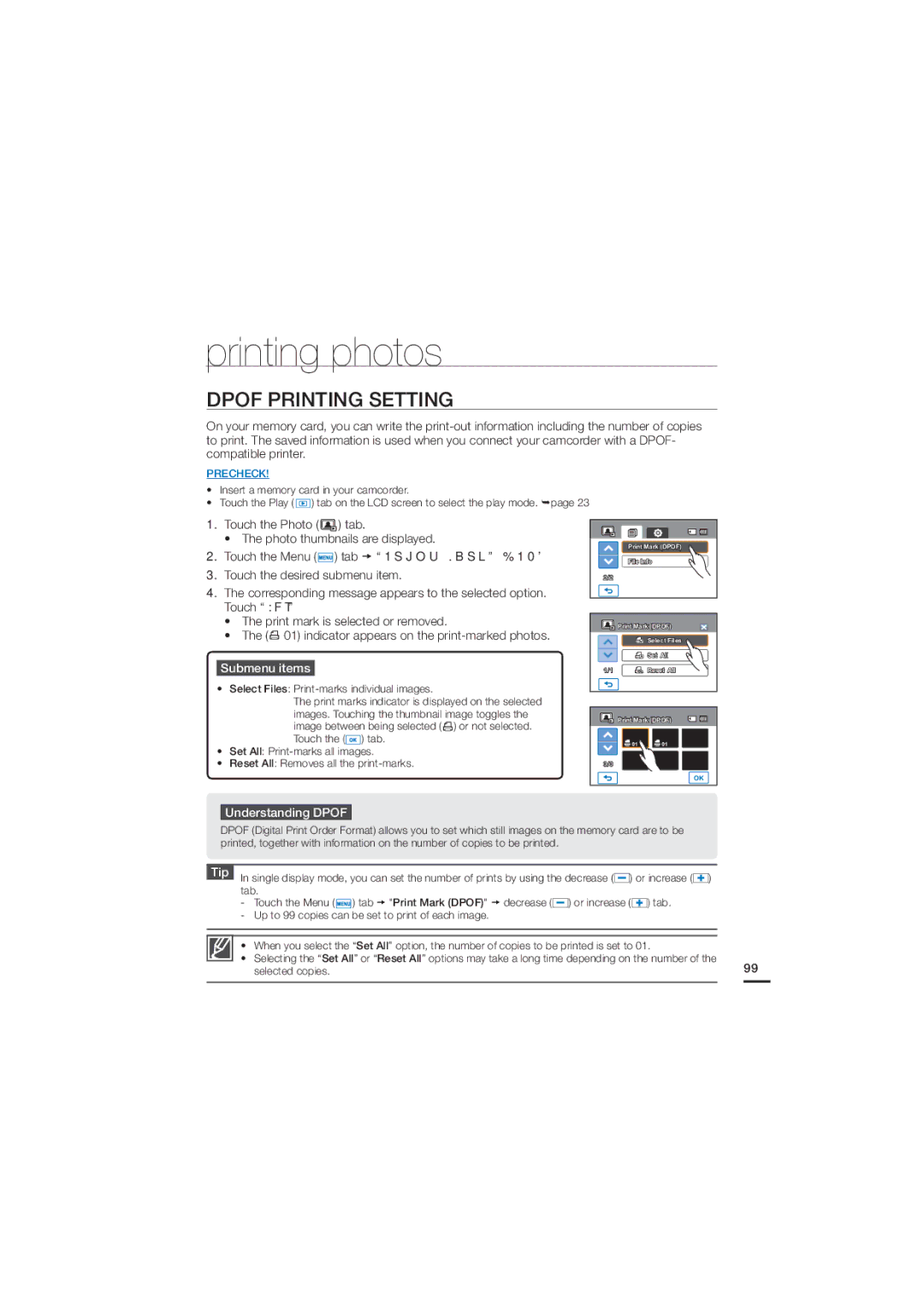 Samsung HMX-H204SP, HMX-H220SP, HMX-H205SP, HMX-H220BP, HMX-H220LP Printing photos, Dpof Printing Setting, Understanding Dpof 