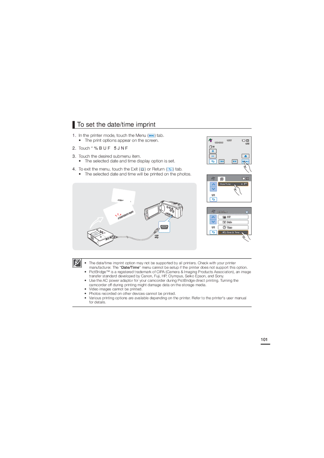 Samsung HMX-H204RP, HMX-H220SP To set the date/time imprint, Touch %BUF5JNF Touch the desired submenu item, 101 