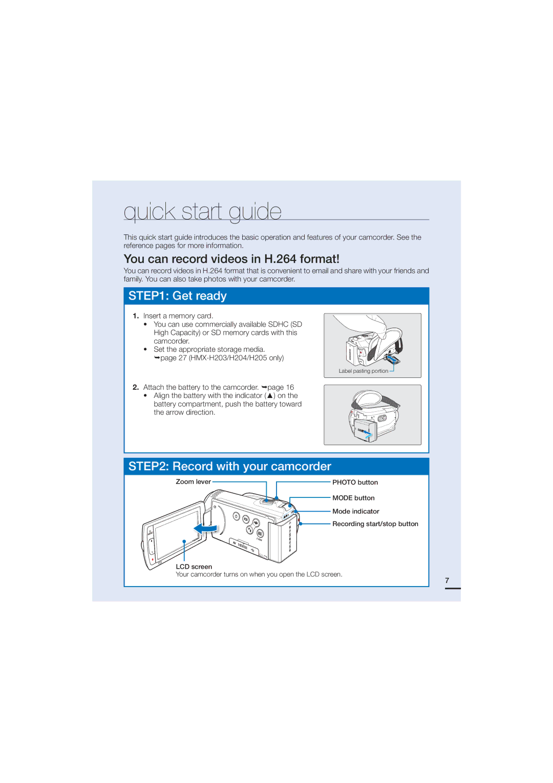 Samsung HMX-H200RP, HMX-H220SP Quick start guide, PvDboSfdpseWjefptJoGpsnbu, Insert a memory card, Zoom lever 