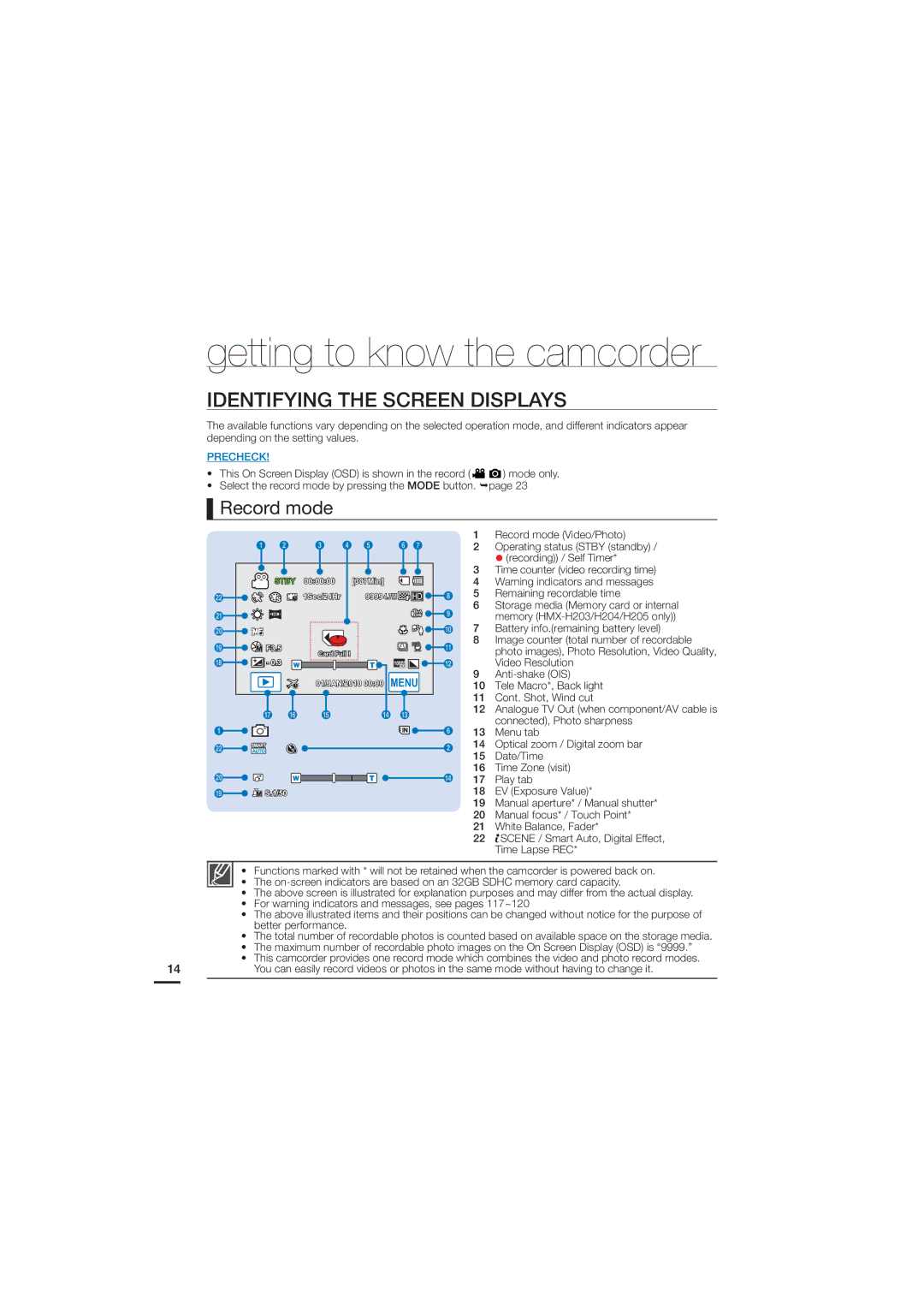 Samsung HMX-H220BP, HMX-H220SP, HMX-H205SP, HMX-H220LP, HMX-H205RP, HMX-H205LP Identifying the Screen Displays, Record mode 