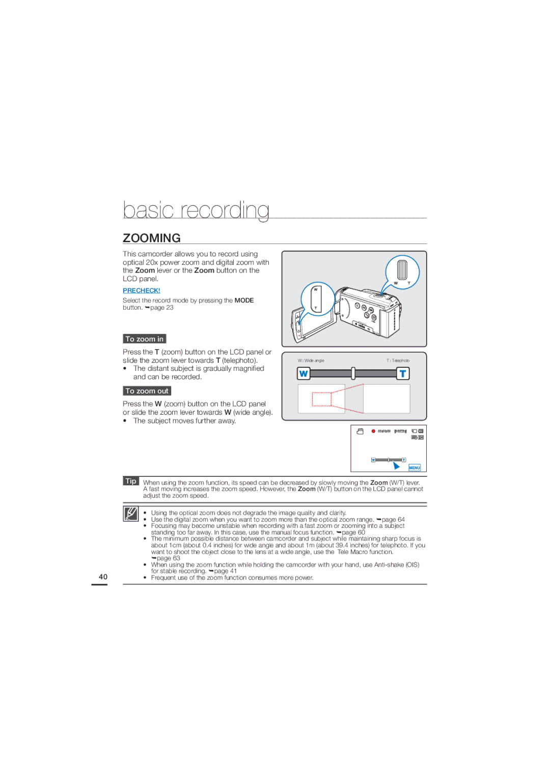 Samsung HMX-H204BP, HMX-H220SP Zooming, To zoom out, 40 t SFRVFOUVTFPGUIFPPNGVODUJPODPOTVNFTNPSFQPXFS 