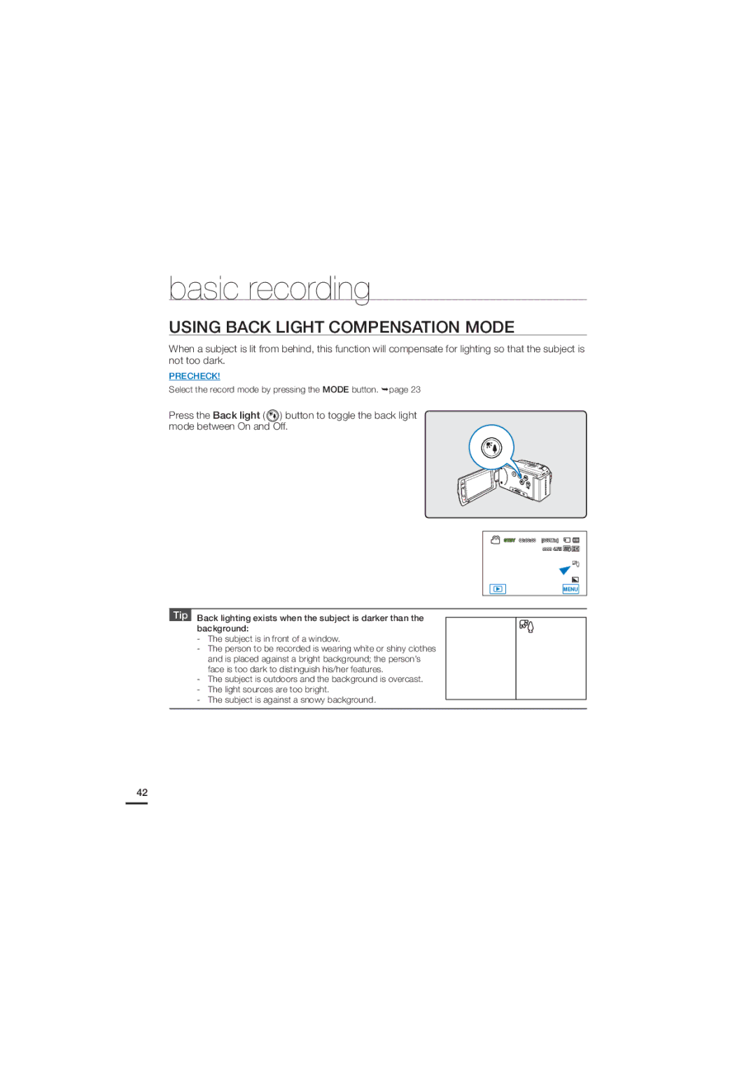 Samsung HMX-H204LP, HMX-H220SP, HMX-H205SP, HMX-H220BP, HMX-H220LP, HMX-H205RP, HMX-H205LP Using Back Light Compensation Mode 