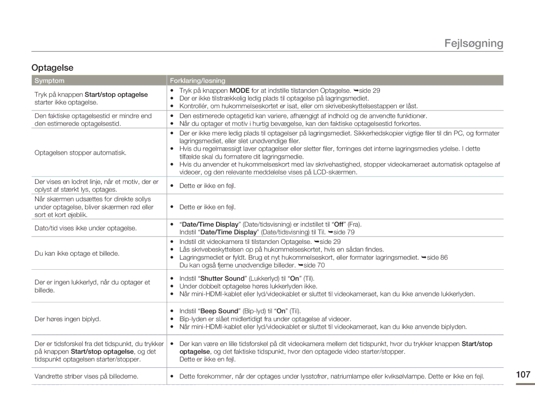 Samsung HMX-H303BP/EDC, HMX-H300BP/EDC, HMX-H300RP/EDC, HMX-H300SP/EDC manual Optagelse, 107 