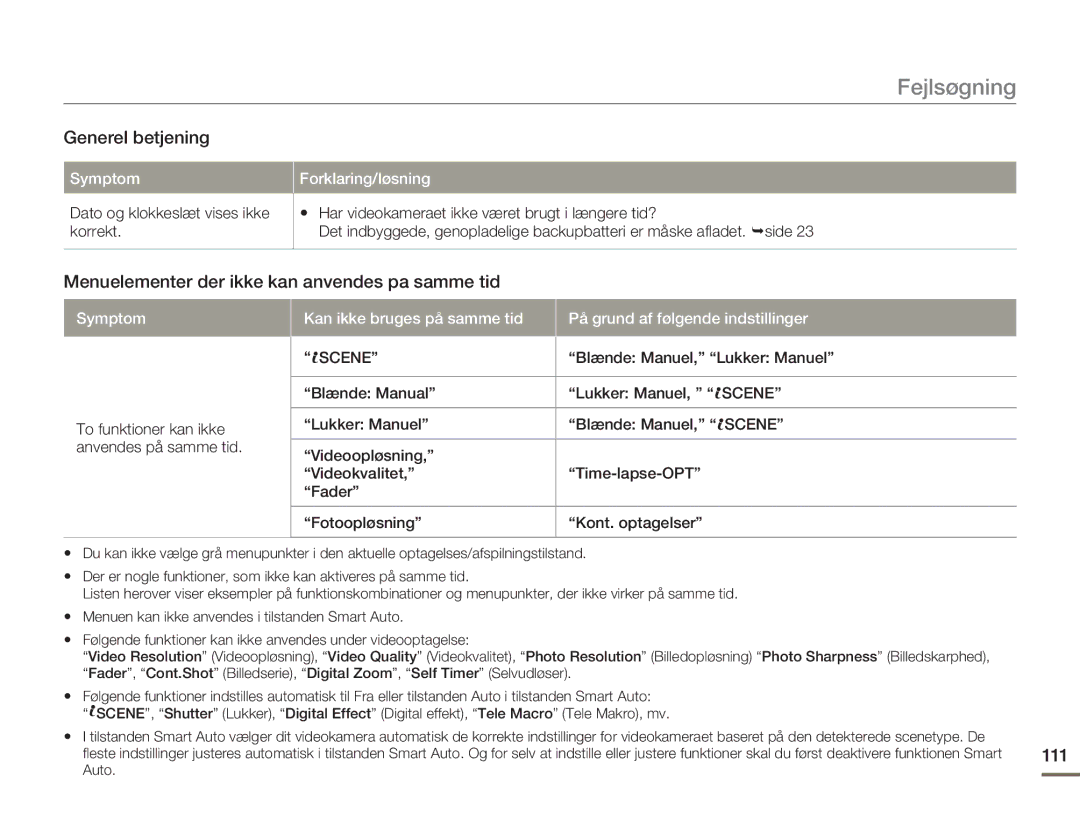 Samsung HMX-H303BP/EDC, HMX-H300BP/EDC manual Generel betjening, Menuelementer der ikke kan anvendes pa samme tid, 111 