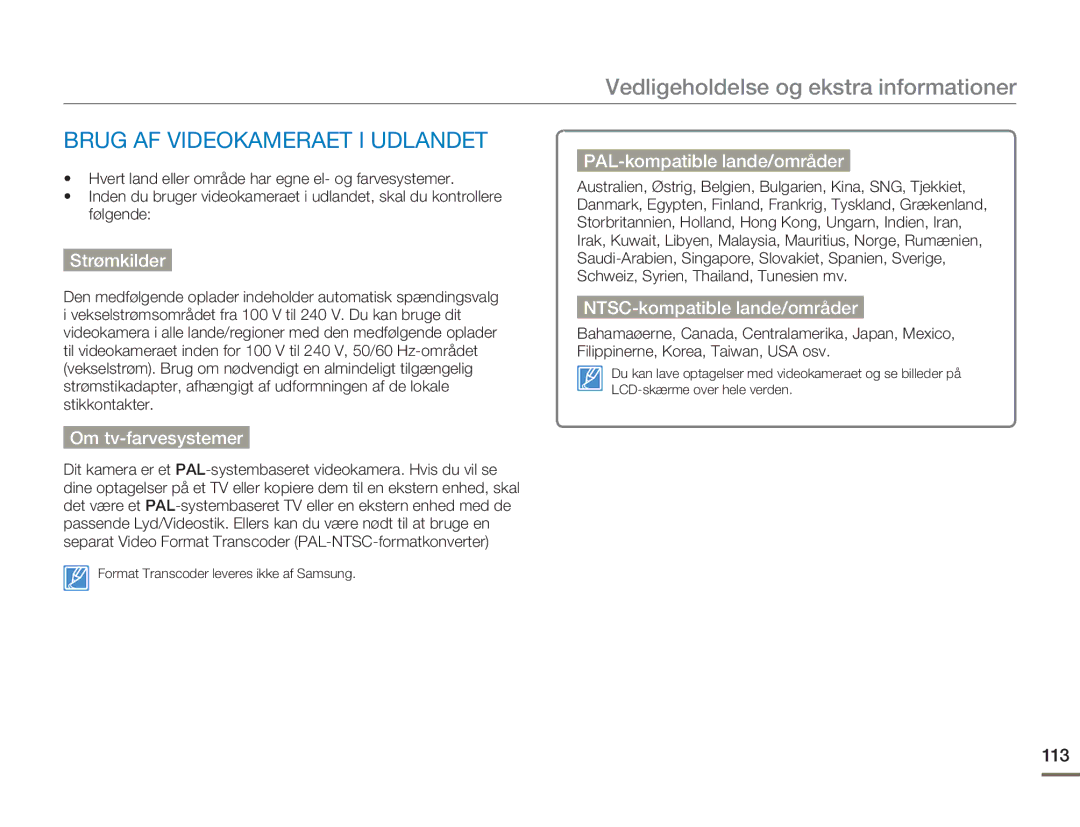 Samsung HMX-H300RP/EDC, HMX-H300BP/EDC manual Vedligeholdelse og ekstra informationer, Brug AF Videokameraet I Udlandet 