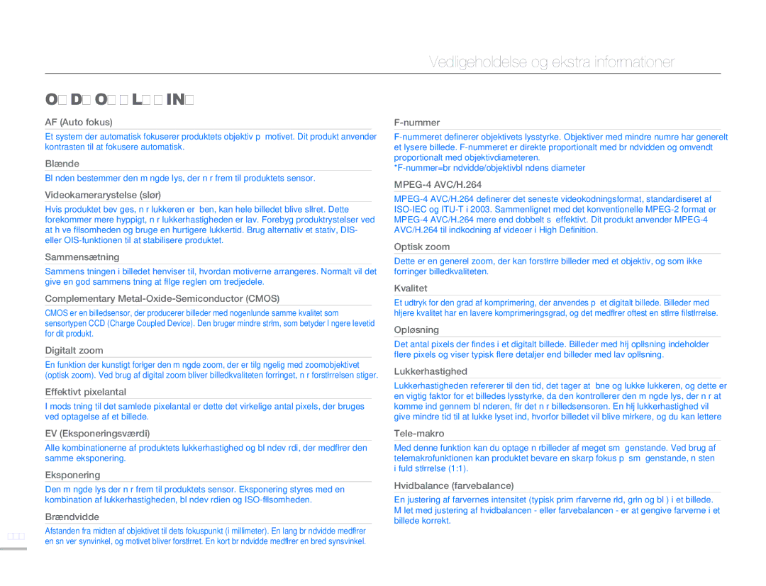 Samsung HMX-H300SP/EDC, HMX-H300BP/EDC, HMX-H300RP/EDC, HMX-H303BP/EDC manual Ordforklaring, AF Auto fokus 