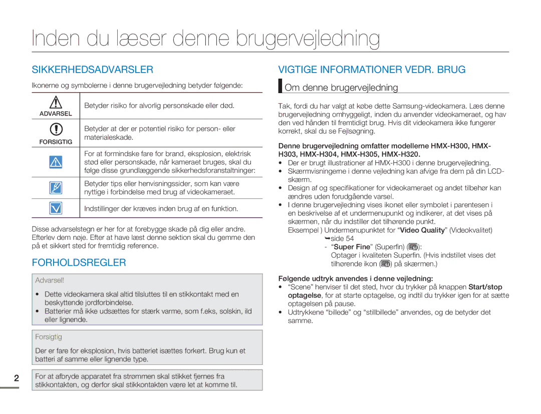 Samsung HMX-H300SP/EDC, HMX-H300BP/EDC, HMX-H300RP/EDC Inden du læser denne brugervejledning, Om denne brugervejledning 