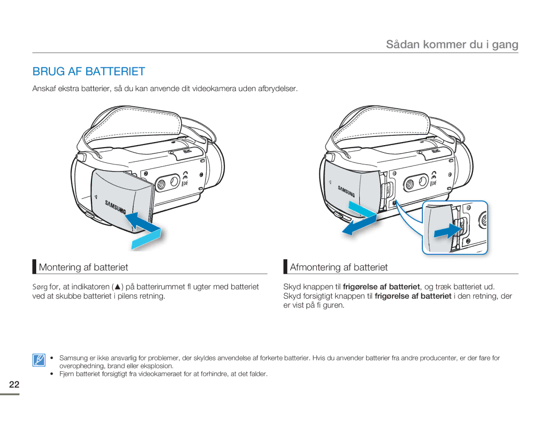 Samsung HMX-H300SP/EDC manual Sådan kommer du i gang, Brug AF Batteriet, Montering af batteriet, Afmontering af batteriet 