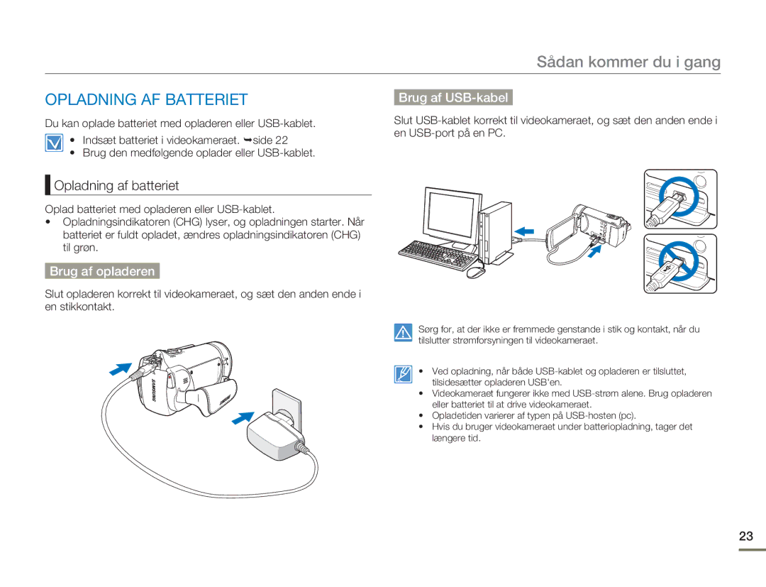 Samsung HMX-H303BP/EDC manual Opladning AF Batteriet, Brug af USB-kabel, Opladning af batteriet, Brug af opladeren 