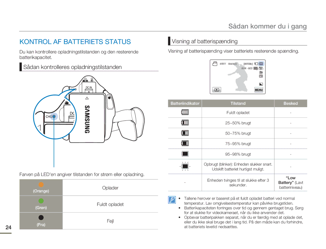 Samsung HMX-H300BP/EDC Kontrol AF Batteriets Status, Visning af batterispænding, Sådan kontrolleres opladningstilstanden 