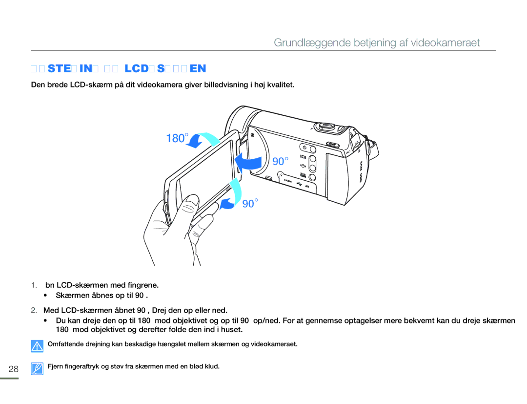 Samsung HMX-H300BP/EDC, HMX-H300RP/EDC, HMX-H300SP/EDC Grundlæggende betjening af videokameraet, Justering AF LCD-SKÆRMEN 