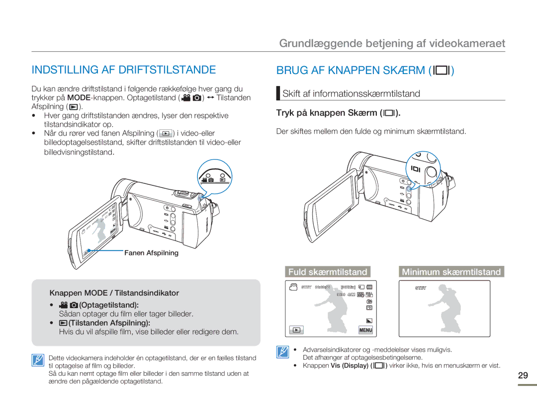 Samsung HMX-H300RP/EDC, HMX-H300BP/EDC, HMX-H300SP/EDC, HMX-H303BP/EDC Indstilling AF Driftstilstande, Brug AF Knappen Skærm 