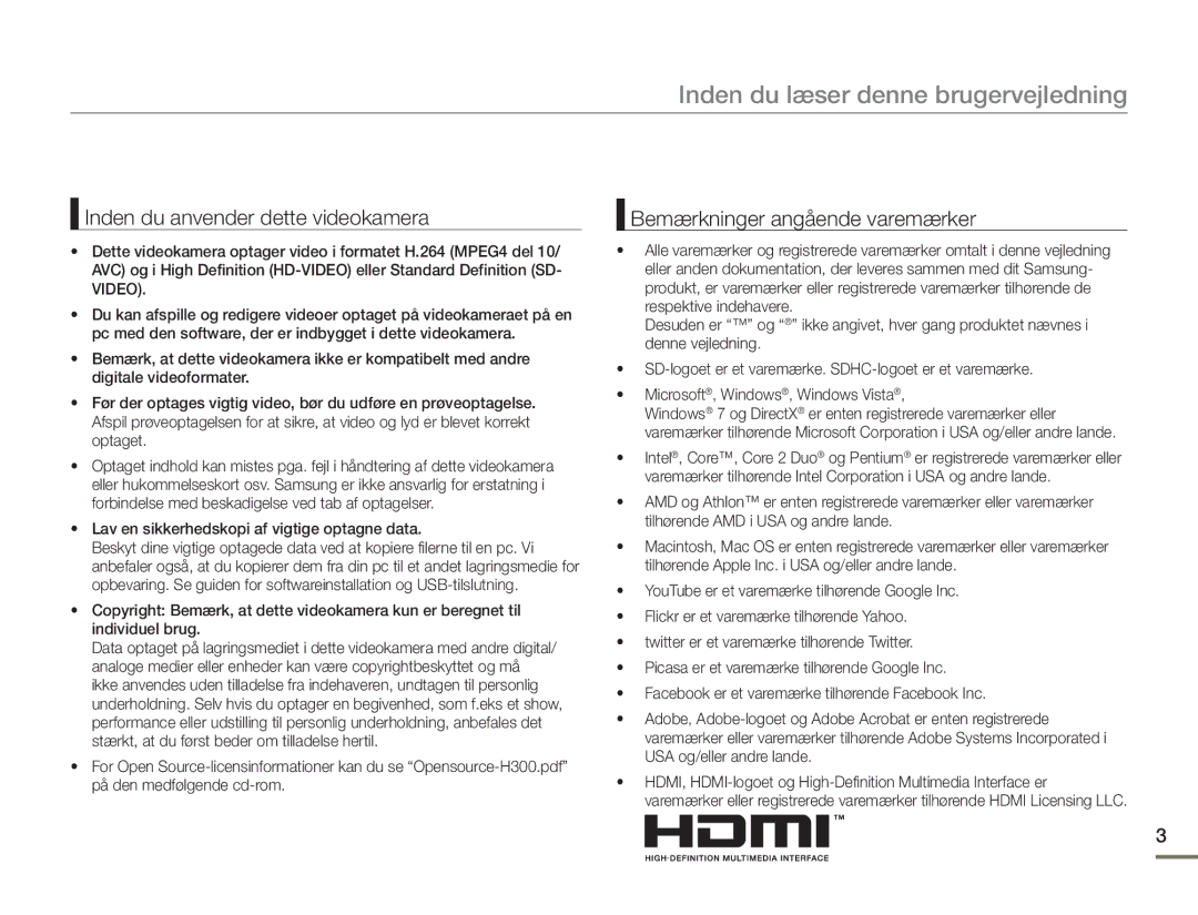 Samsung HMX-H303BP/EDC, HMX-H300BP/EDC, HMX-H300RP/EDC, HMX-H300SP/EDC manual Inden du læser denne brugervejledning 