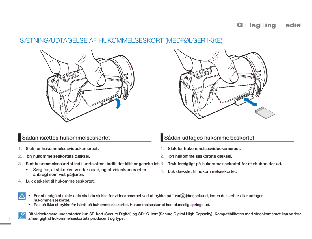 Samsung HMX-H300SP/EDC, HMX-H300BP/EDC manual Om lagringsmediet, ISÆTNING/UDTAGELSE AF Hukommelseskort Medfølger Ikke 