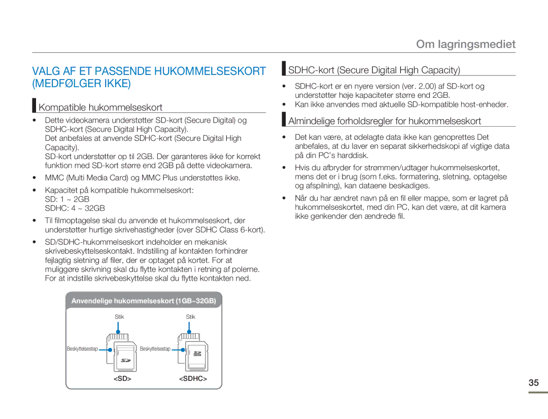 Samsung HMX-H303BP/EDC, HMX-H300BP/EDC manual Valg AF ET Passende Hukommelseskort, SDHC-kort Secure Digital High Capacity 