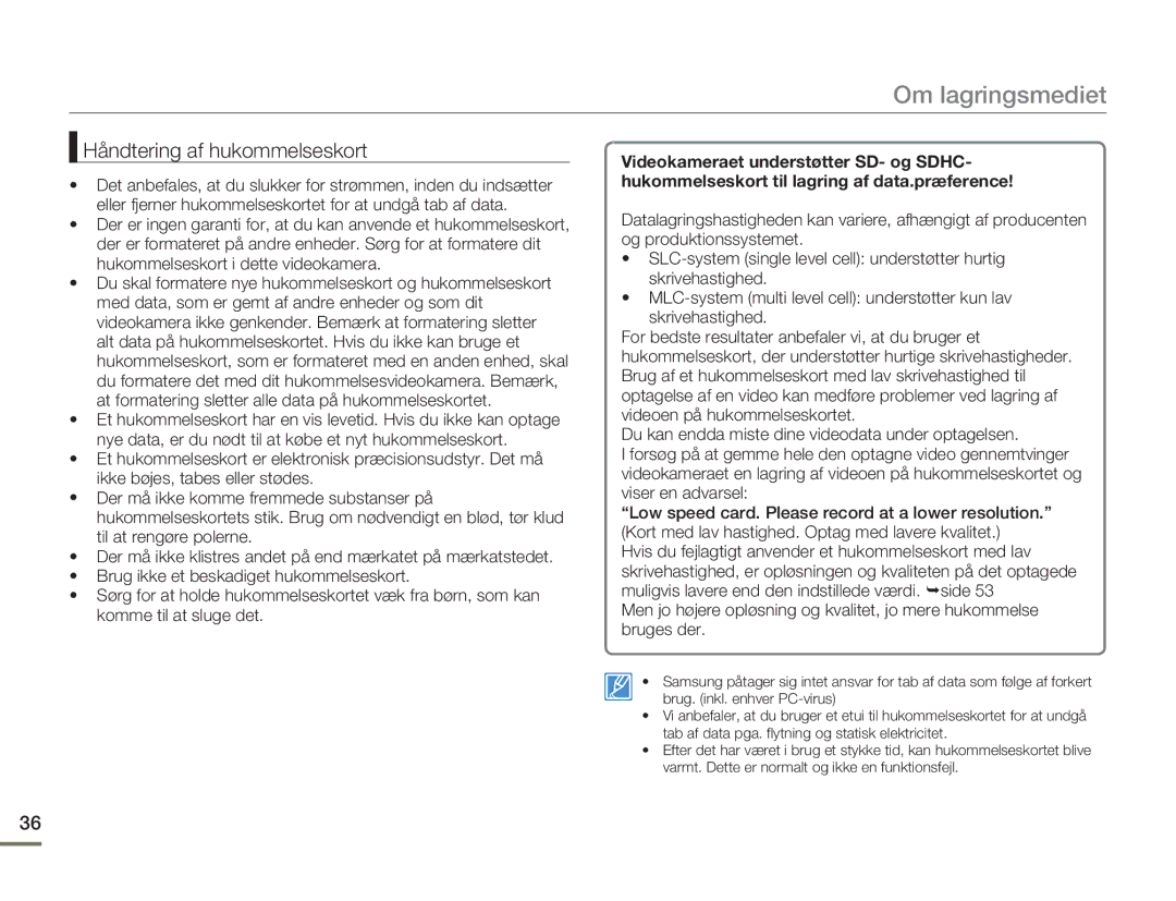 Samsung HMX-H300BP/EDC, HMX-H300RP/EDC, HMX-H300SP/EDC, HMX-H303BP/EDC manual Håndtering af hukommelseskort 
