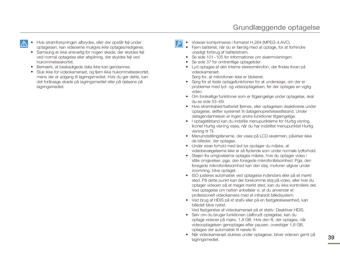 Samsung HMX-H303BP/EDC, HMX-H300BP/EDC, HMX-H300RP/EDC, HMX-H300SP/EDC manual Grundlæggende optagelse 