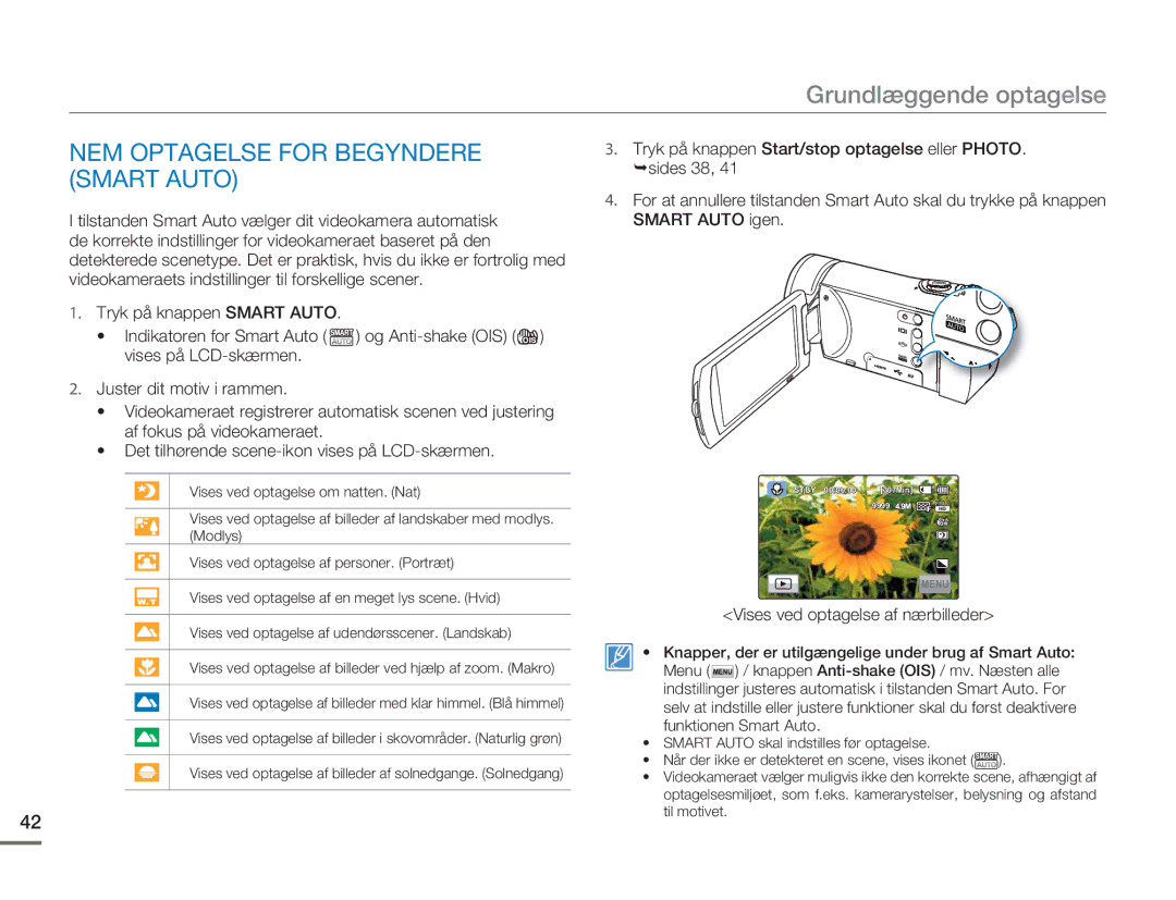 Samsung HMX-H300SP/EDC, HMX-H300BP/EDC manual NEM Optagelse for Begyndere Smart Auto, Vises ved optagelse af nærbilleder 