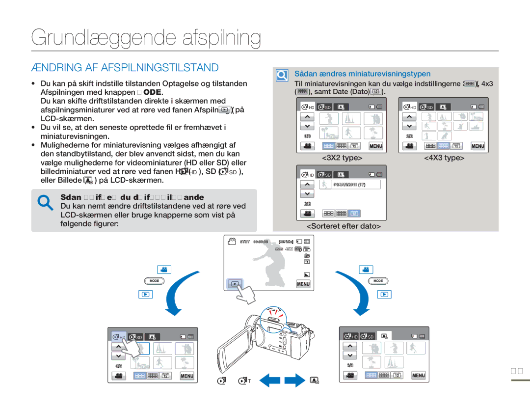 Samsung HMX-H300RP/EDC, HMX-H300BP/EDC manual Grundlæggende afspilning, Ændring AF Afspilningstilstand, Sorteret efter dato 