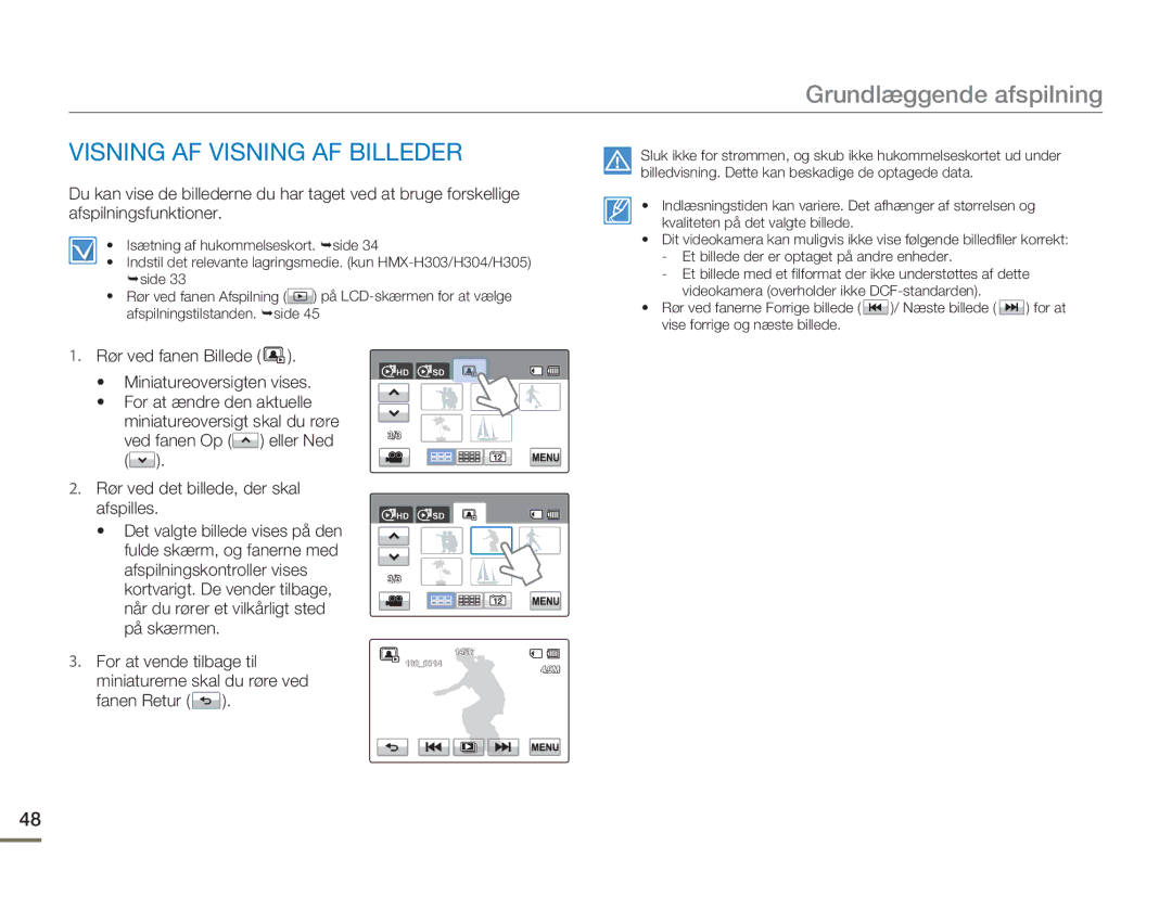 Samsung HMX-H300BP/EDC, HMX-H300RP/EDC, HMX-H300SP/EDC, HMX-H303BP/EDC manual Visning AF Visning AF Billeder, Fanen Retur 