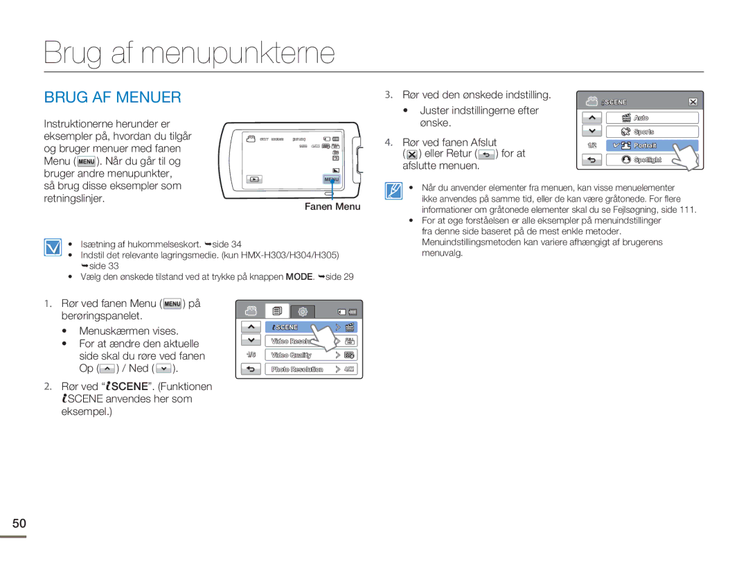 Samsung HMX-H300SP/EDC, HMX-H300BP/EDC Brug af menupunkterne, Brug AF Menuer, Så brug disse eksempler som retningslinjer 