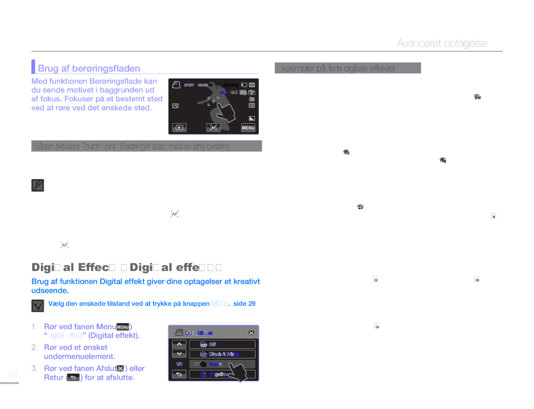 Samsung HMX-H300BP/EDC manual Digital Effect Digital effekt, Brug af berøringsfladen, Eksempler på fem digitale effekter 