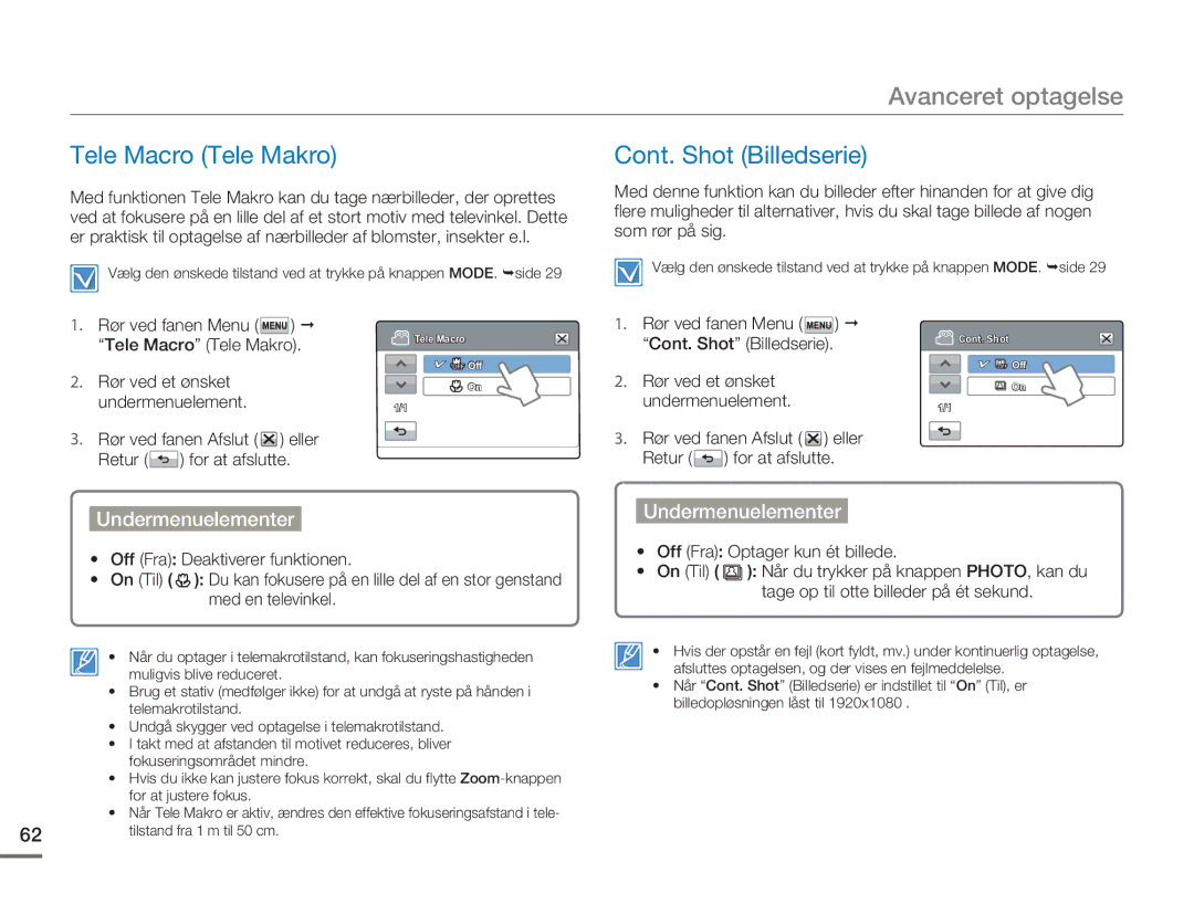 Samsung HMX-H300SP/EDC, HMX-H300BP/EDC, HMX-H300RP/EDC, HMX-H303BP/EDC manual Tele Macro Tele Makro Cont. Shot Billedserie 