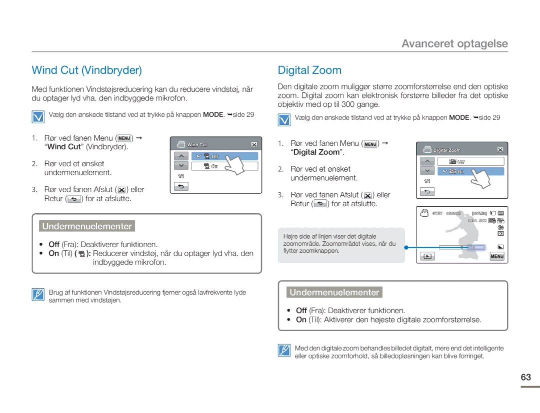 Samsung HMX-H303BP/EDC, HMX-H300BP/EDC, HMX-H300RP/EDC, HMX-H300SP/EDC manual Wind Cut Vindbryder, Digital Zoom 
