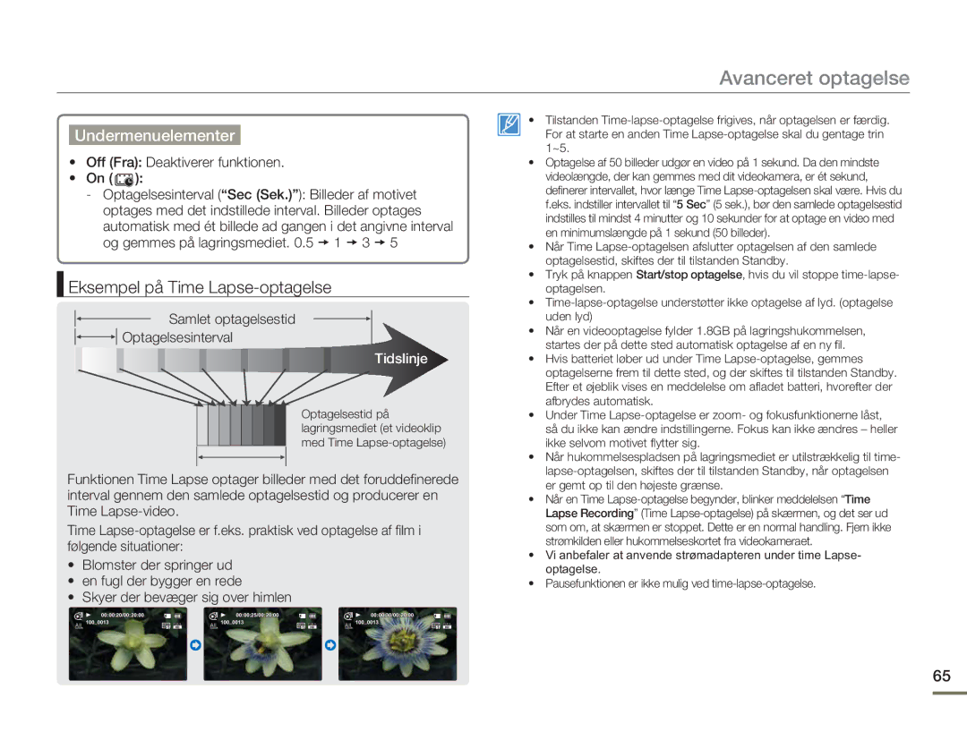 Samsung HMX-H300RP/EDC, HMX-H300BP/EDC manual Eksempel på Time Lapse-optagelse, Samlet optagelsestid Optagelsesinterval 