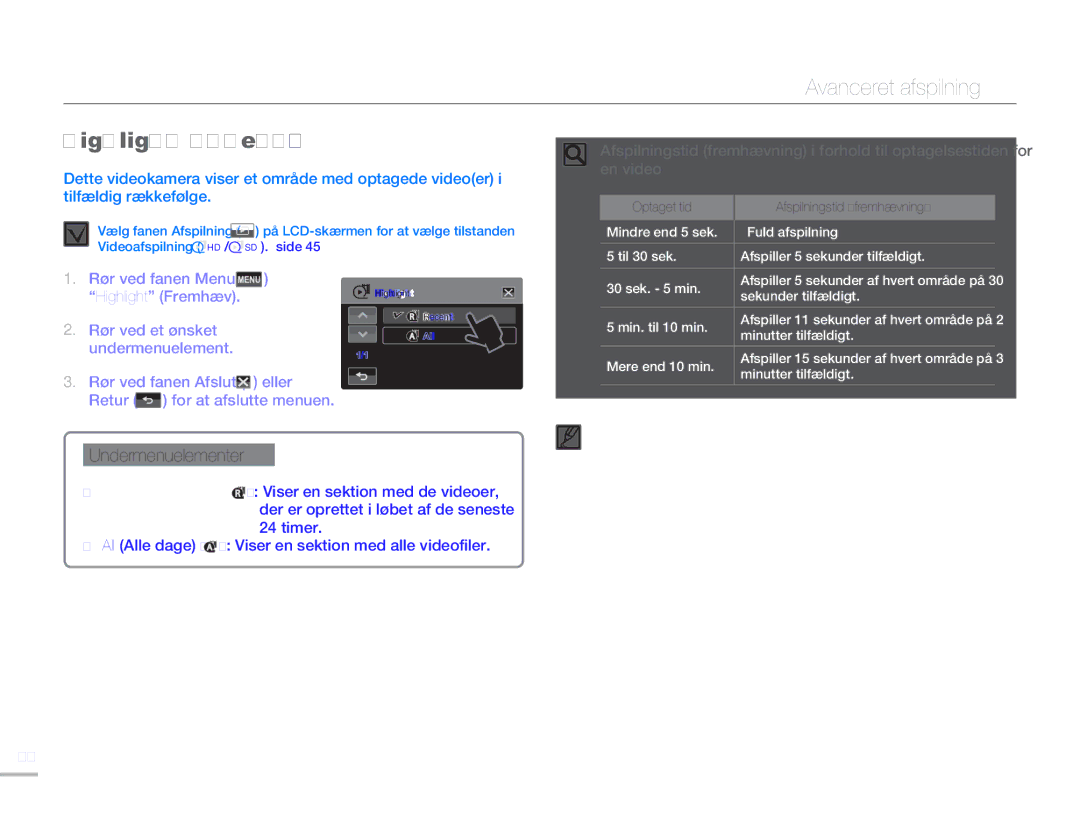 Samsung HMX-H300BP/EDC, HMX-H300RP/EDC, HMX-H300SP/EDC, HMX-H303BP/EDC manual Avanceret afspilning, Highlight Fremhæv 