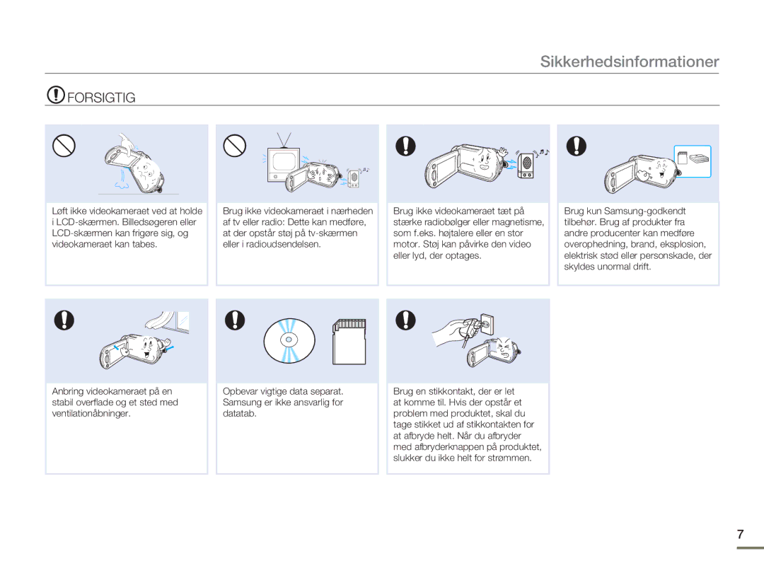 Samsung HMX-H303BP/EDC, HMX-H300BP/EDC, HMX-H300RP/EDC, HMX-H300SP/EDC manual Sikkerhedsinformationer 