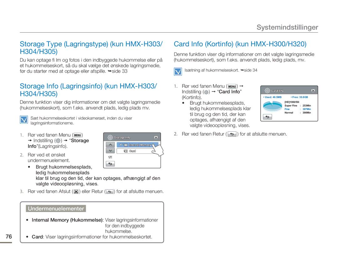 Samsung HMX-H300BP/EDC, HMX-H300RP/EDC manual Systemindstillinger, Storage Type Lagringstype kun HMX-H303/ H304/H305 