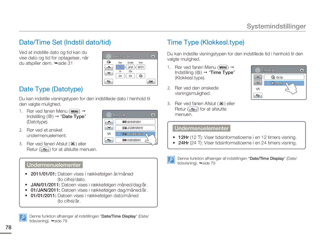 Samsung HMX-H300SP/EDC, HMX-H300BP/EDC manual Date/Time Set Indstil dato/tid Time Type Klokkesl.type, Date Type Datotype 