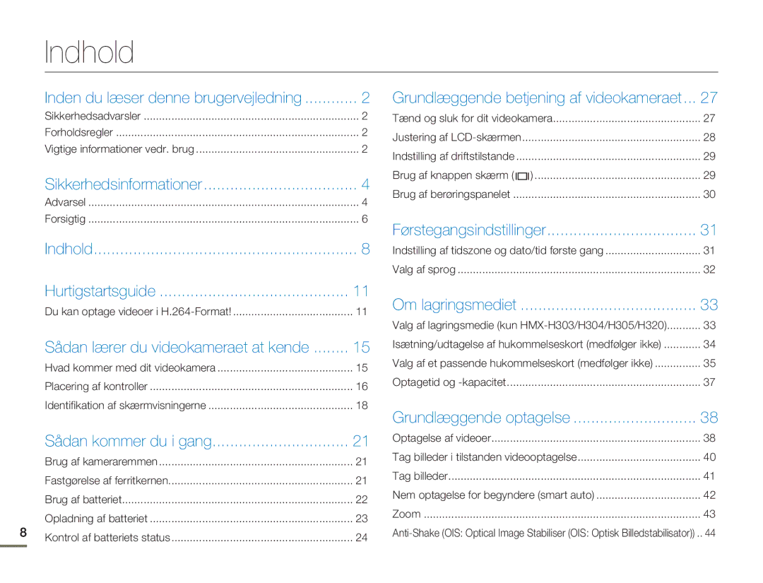 Samsung HMX-H300BP/EDC, HMX-H300RP/EDC, HMX-H300SP/EDC, HMX-H303BP/EDC manual Indhold 