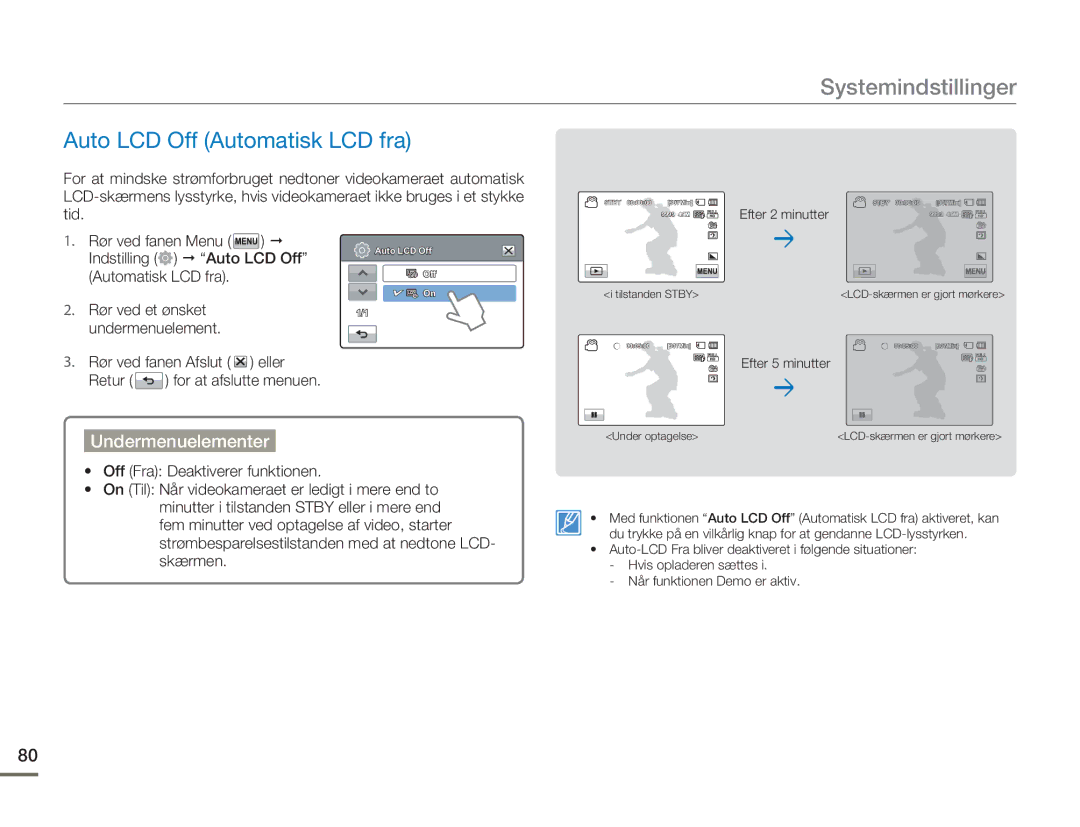 Samsung HMX-H300BP/EDC, HMX-H300RP/EDC, HMX-H300SP/EDC, HMX-H303BP/EDC manual Auto LCD Off Automatisk LCD fra 