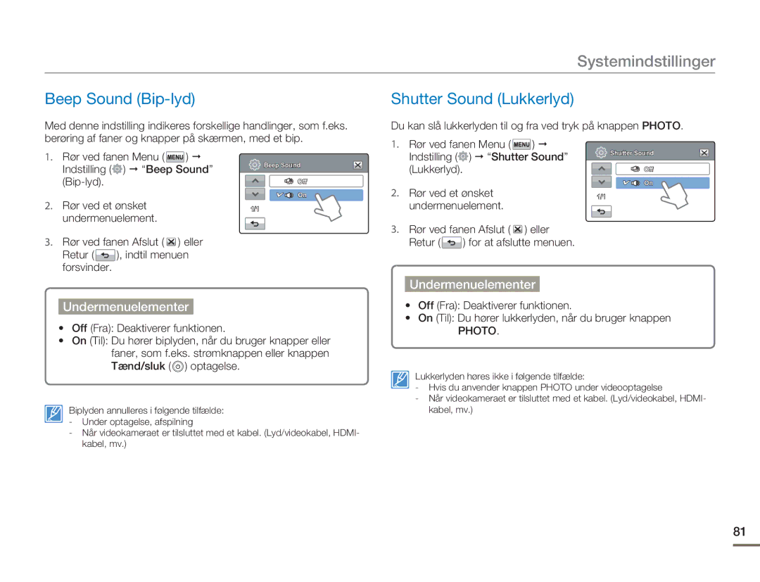 Samsung HMX-H300RP/EDC, HMX-H300BP/EDC, HMX-H300SP/EDC, HMX-H303BP/EDC manual Beep Sound Bip-lyd, Shutter Sound Lukkerlyd 