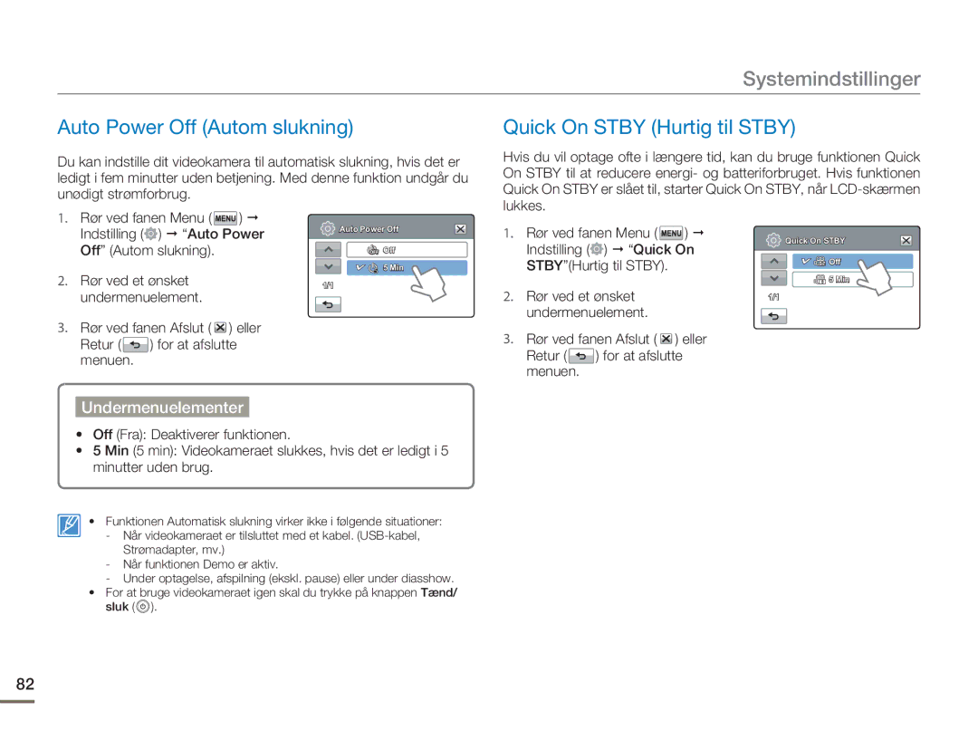 Samsung HMX-H300SP/EDC, HMX-H300BP/EDC, HMX-H300RP/EDC manual Auto Power Off Autom slukning, Quick On Stby Hurtig til Stby 