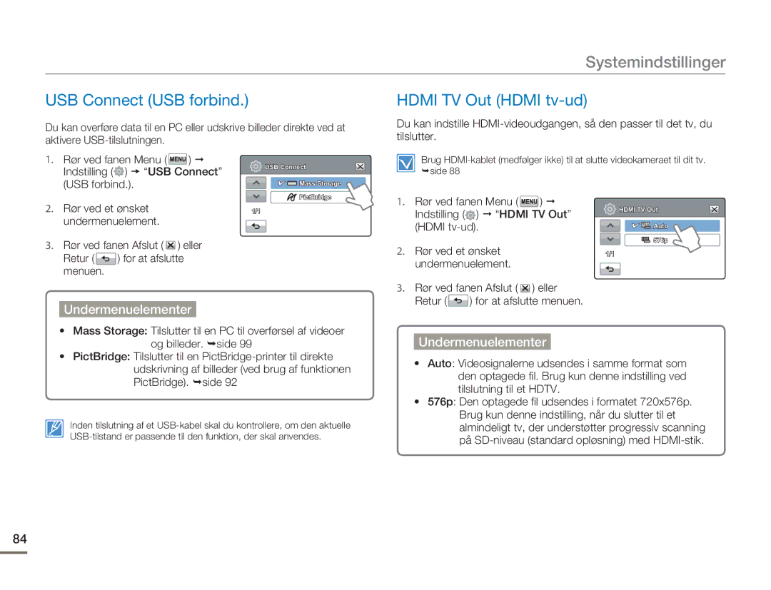 Samsung HMX-H300BP/EDC, HMX-H300RP/EDC, HMX-H300SP/EDC, HMX-H303BP/EDC manual USB Connect USB forbind, Hdmi TV Out Hdmi tv-ud 