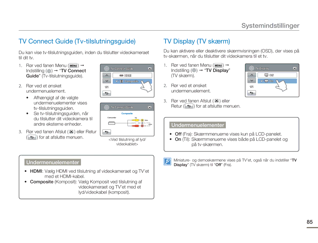 Samsung HMX-H300RP/EDC, HMX-H300BP/EDC TV Connect Guide Tv-tilslutningsguide, TV Display TV skærm, For at afslutte menuen 